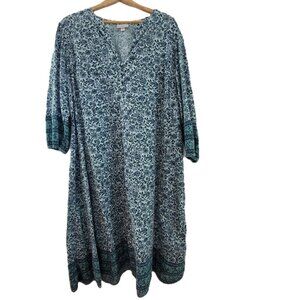 J Jill Dress Womens XL Blue Floral 3/4 Sleeve Shift 100% Cotton Pockets Buttons